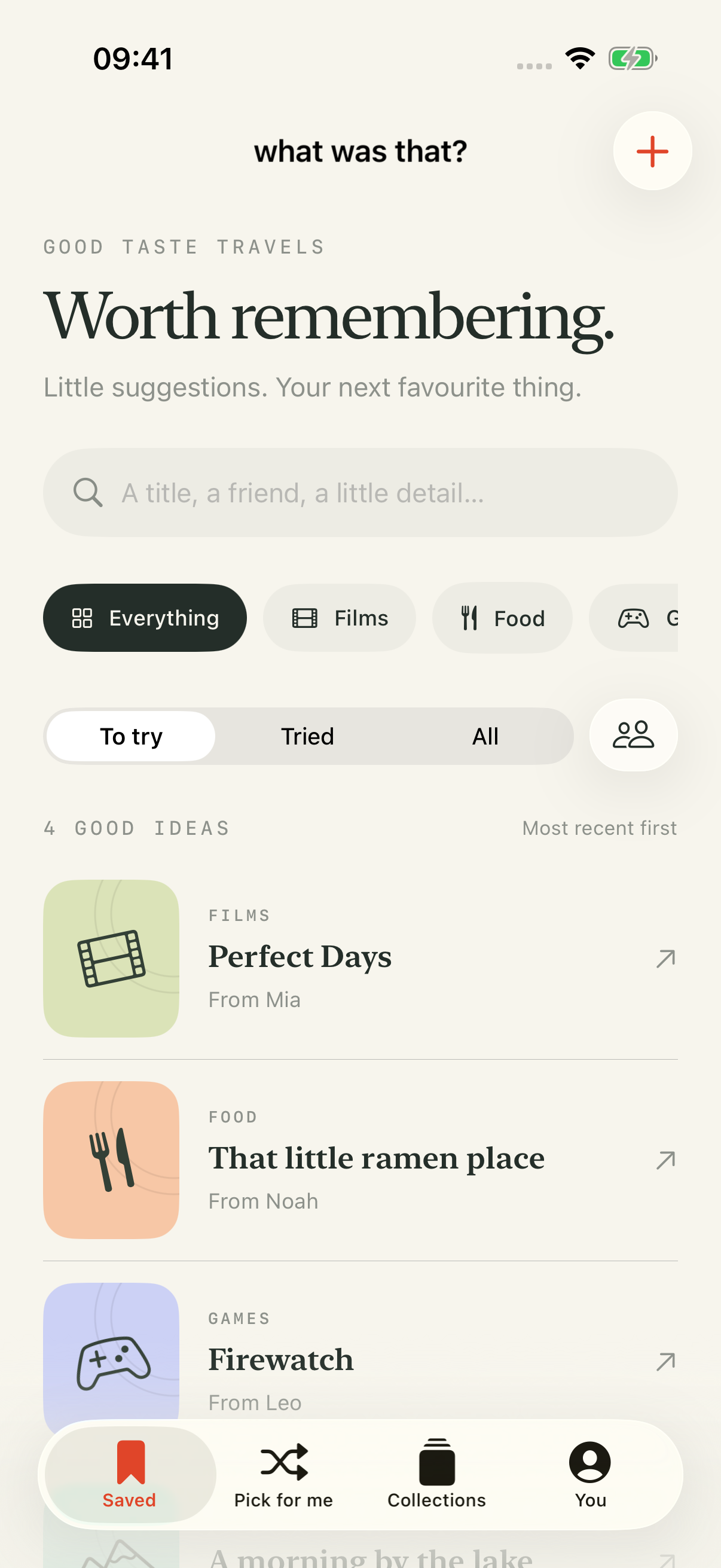 Saved screen showing Perfect Days from Mia, a ramen place from Noah, and more